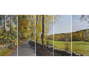 A painting of a road with trees and a stone wall.