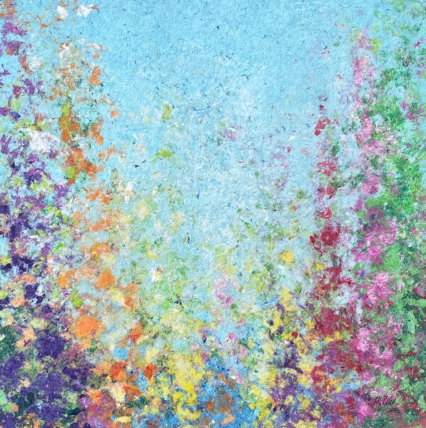 August, Gladiolus, 20 x 20 x 2 inches, custom-made white-washed floater frame