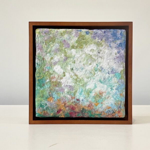 An abstract painting in a Chrysanthemum Garden. 7 x 7 x 1 inches. Maple frame.