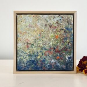 OCTOBER. Marigolds in the shade, 7 x 7 x 1 inches, maple frame.
