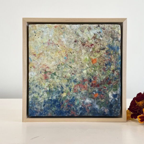OCTOBER. Marigolds in the shade, 7 x 7 x 1 inches, maple frame.