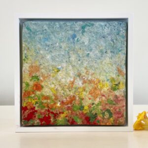 OCTOBER. Marigolds blooms in the window box, 7 x 7 x 1 inches, white floater frame