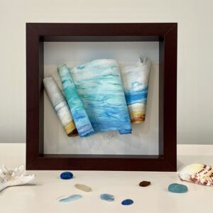 Cape Bay Sunrise, 8 x 8 x 2 inches, brown shadow box frame.