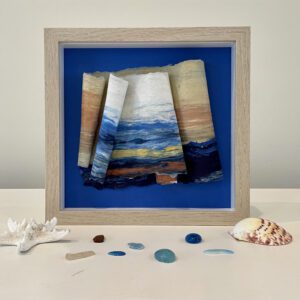 Sunset Colors across the Bay, 9 x 9 x 1 inches, oak shadow box frame.