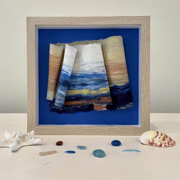 Sunset Colors across the Bay, 9 x 9 x 1 inches, oak shadow box frame.