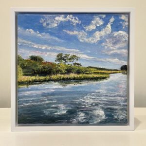 Morning on the Marsh, 13 x 13 x 2 inches, white floater frame.